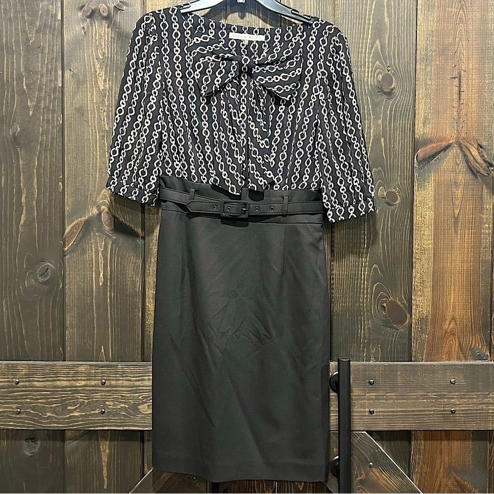 Trina Turk Silk Chain Link Print Bow Belted Sheath Dress 6 Work Office Cocktail